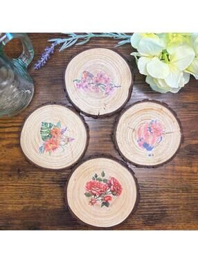 Wooden Coasters Set of 4, Simple Whimsical Floral Beverage Coaster